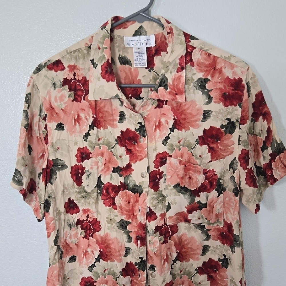 Rena Rowan For Saville | VTG Rose Floral Button Down Short Sleeve Top Size 10